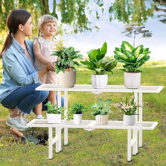 2 Tier Metal Plant Stand Outdoor Indoor, Separated Tiered Outdoor Folding Plant Shelf, Ladder Plant Stands Display Rack for Garden Window, 8.3/15.4'' Tall (White)