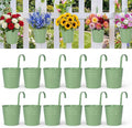HowRU Hanging Flower Pots, Railing Planter Box for Outdoor Plants 12 Pack 5 Inch Metal Hanging Planters with Detachable Hooks Balcony Window Fence Garden Decoration Flower Boxes (Green)