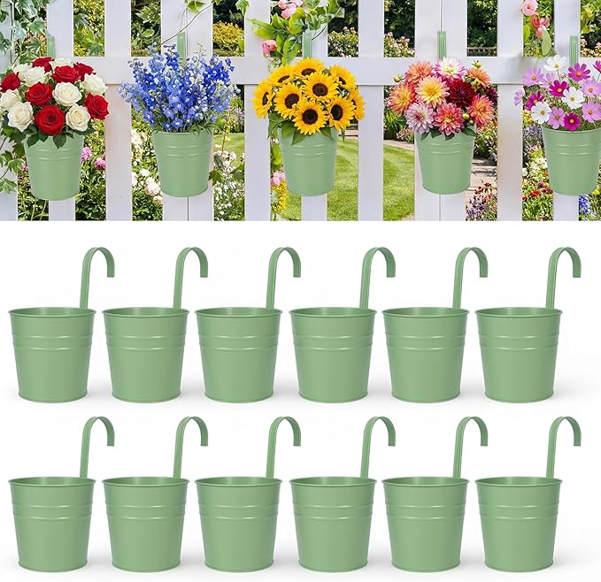 HowRU Hanging Flower Pots, Railing Planter Box for Outdoor Plants 12 Pack 5 Inch Metal Hanging Planters with Detachable Hooks Balcony Window Fence Garden Decoration Flower Boxes (Green)