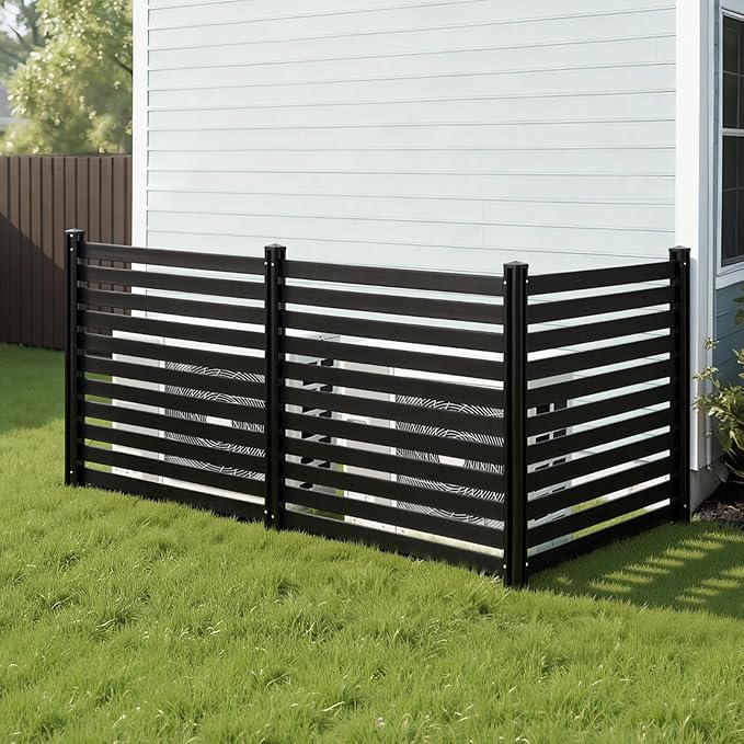 VEVOR 3 Panels Outdoor Privacy Screen, 50 x 48 in Air Conditioner Fence with 27.6 in Ground Stakes, Pool Equipment Enclosure, Vinyl Privacy Fence, Ideal for Trash Can and A/C Units, Black