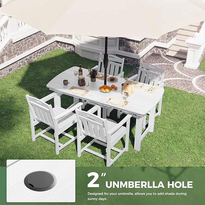 HDPE Outdoor Patio Dining Set with Table & 4 Chairs, All-Weather 5-Piece Outdoor Table and Chairs, 2" Umbrella Hole, Patio Furniture for Garden, Backyard, Deck | White