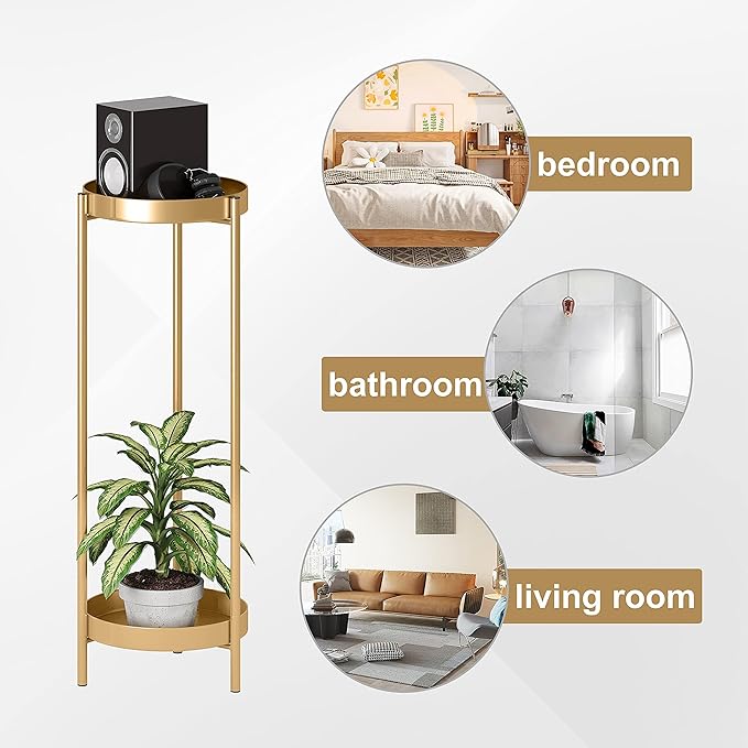 Metal Gold Tall Plant Stand Indoor or Outdoor - 30 inch 2 Tier Modern Corner Planter Shelf Rack with 2 Removable Display Shelves(10 inch) for Bedroom Living Room Balcony