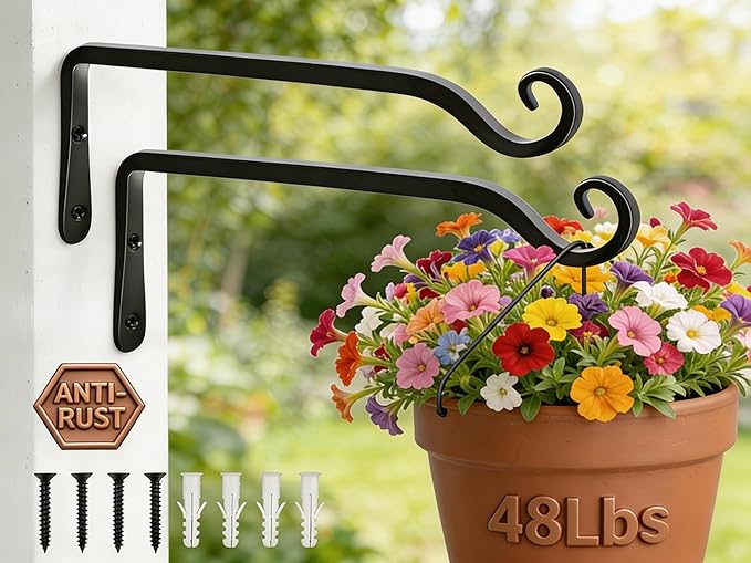 Gtongoko 2 Pack 10 Inch Metal Plant Hangers Wall Hooks for Hanging Plant Brackets, Outdoor Hooks for Hanging Bird Feeders, Flower Baskets, Lanterns, Wind Chinme, Solar Lamps