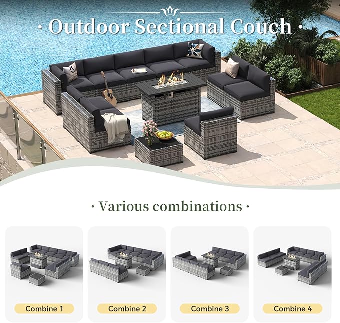 Aoxun 12 Piece Patio Furniture Set with 44” Fire Pit Table Wicker Rattan Outdoor Sectional Sofa Set with Coffee Table and Thickened Cushions, Grey/Black (Waterproof Cover Included)