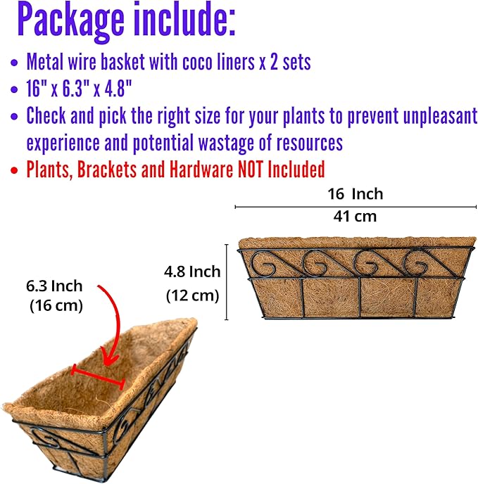 LaLaGreen Wall Planters for Outdoor Plants (2 Pack, 16 Inch) Window Flower Boxes Basket Attach to House, Deck Railing Strawberry Planters with Coco Liners BalconyTroughs Fence Patio Porch Over Rail