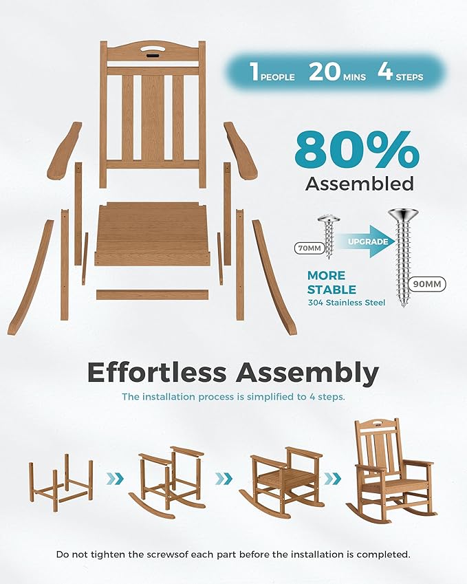 Ciokea Oversized Outdoor Rocking Chairs Set of 4, 380lbs Heavy-Duty Large Patio Rocker, High Back Cozy Porch Chairs, Weather Resistant Patio Rocking Chairs for Outside, Fire Pit, Deck, Teak