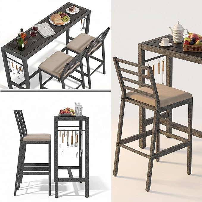 3Pcs Outdoor Patio Bar Set, 55" Rectangular High Top Table and Chairs Set with 2 Cushioned Bar Stools & Cover,Metal Pub Height Bistro Table Set for Balcony, Backyard, Porch, Deck,Garden, Pool