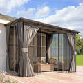 AECOJOY 12' x 8' Gazebo Outdoor Pergola with Curtains and Netting, 8'x12' Hard Top Lean to Pergolas and Gazebos Clearance with Patio Roof, Large Wall-Mounted Heavy Duty Awnings for Patio, Decks