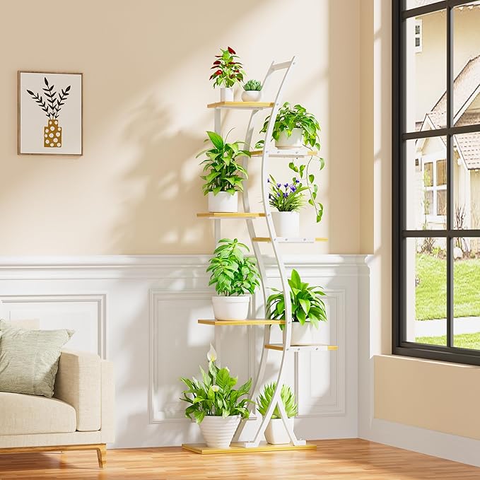 62" Plant Stand Indoor with Grow Lights - 7 Tiered Tall Metal Plant Shelf - Corner Wooden Plant Stand for Indoor Plants Multiple, Large S-Shape Flower Rack Holder for Living Room, Garden, Patio Decor