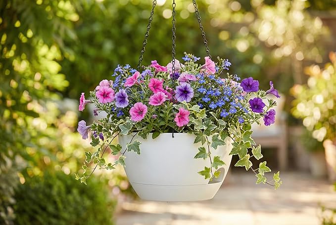 Hanging Planters 3-Pack, 8 Inch Self-Watering Hanging Pots with Drainage Hole and Chains, Plastic Planters for Indoor Outdoor（White）