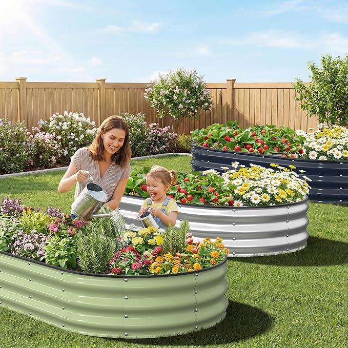 Kesfitt Raised Garden Bed, 6x3x1 FT Galvanized Steel Metal Raised Garden Bed, Oval Open-Bottom Design, 12-Inch Deep for Outdoor Vegetable & Herb Gardening, Midnight Blue