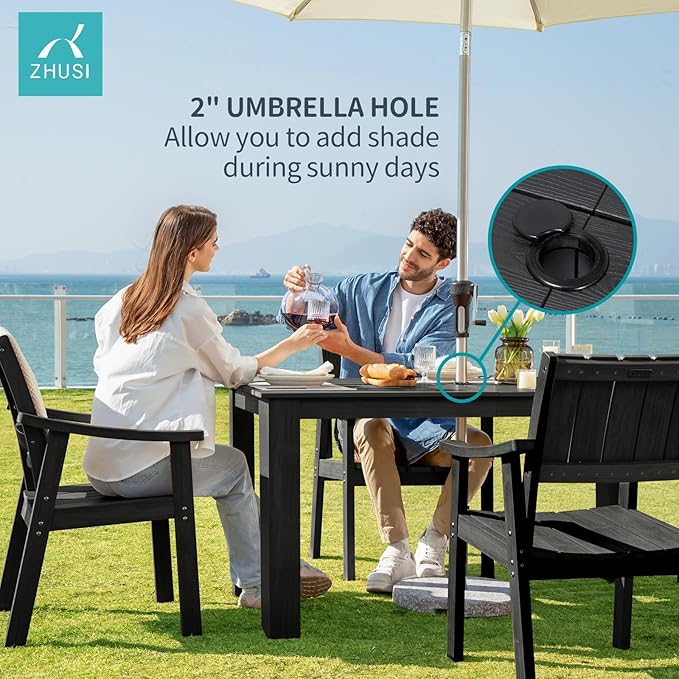 ZHUSI Patio Table and Chairs Set, Outdoor Table and Chairs,HDPE Outdoor Dining Set with Umbrella Hole for Backyard, Poolside, Porch (Black, 7 PC)
