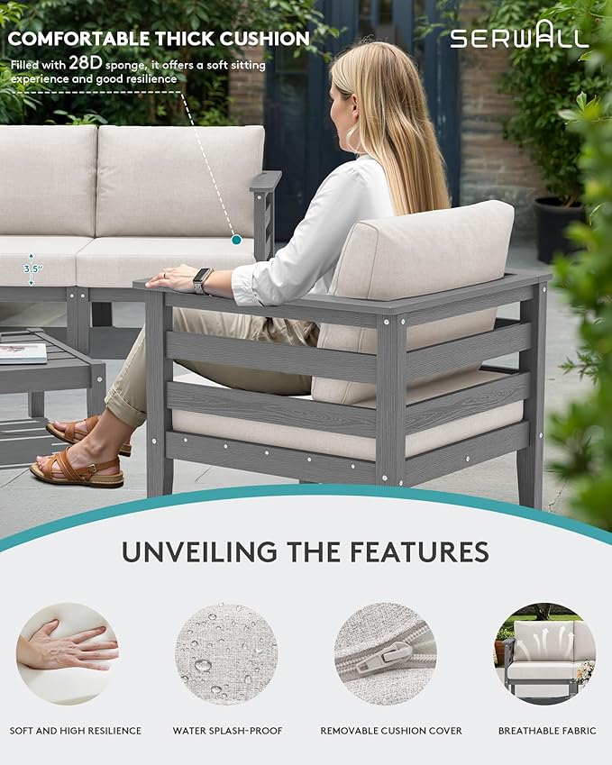 SERWALL HDPE Patio Furniture Set, 4 Pieces Outdoor Sectional Sofa Set, All-Weather Wood-Like Outdoor Sofa Couch with Coffee Table for Deck, Lawn, Grey Frame with Khaki Cushion