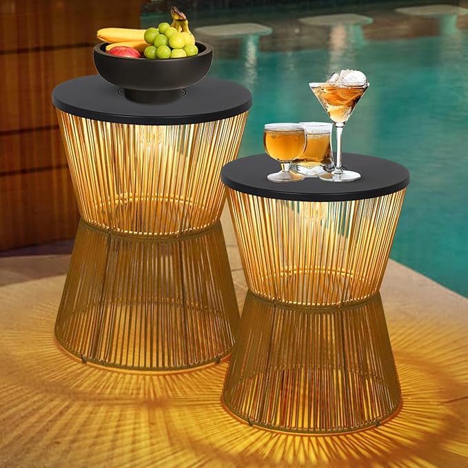 HMVPL Solar Outdoor Side Table with Dimmable Light, Patio Side Tables for Outside, Round Outdoor End Tables Set of 2, Plastic Rattan Patio End Accent Table for Poolside Backyard Gazebo, Dusk to Dawn