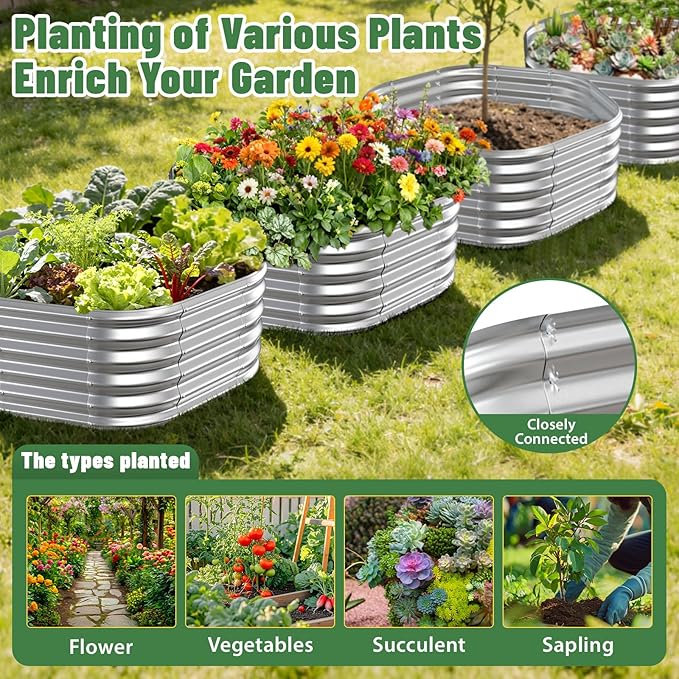 Hexagon Raised Garden Bed, 48 Inch Diagonal & 16.5 Inch Tall, Galvanized Steel Planter Box with Wave-Shaped Metal Panels for Outdoor Flower,Tree,Herb & Vegetable Garden (Silver, 4FT X 1.5FT)