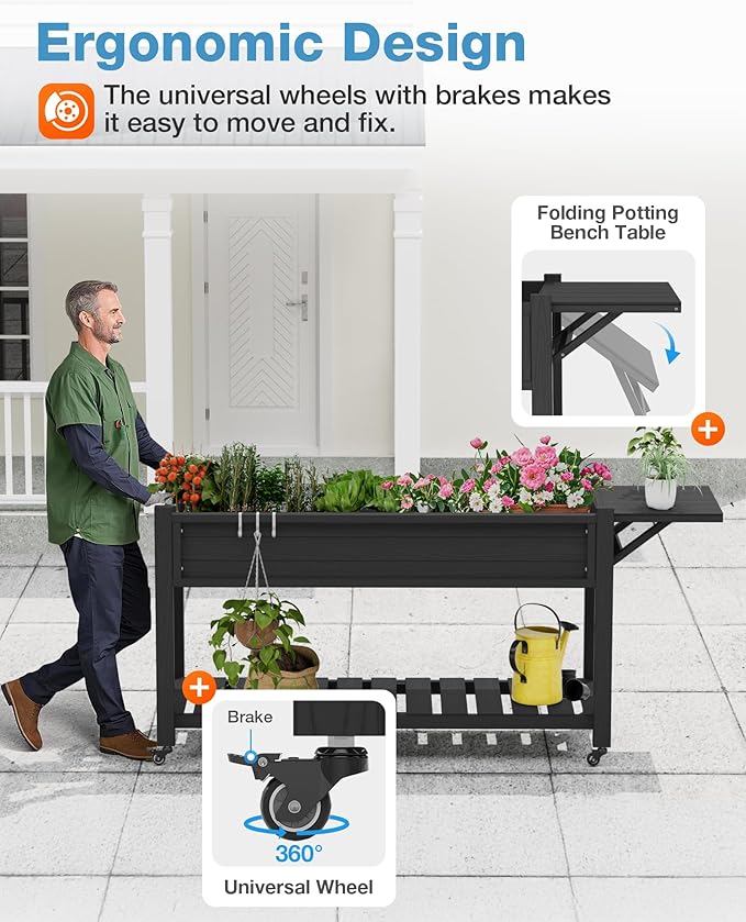 YEFU Raised Garden Bed with Legs: 57x18x30in Elevated Poly Planter with Wheels,Waterproof Mobile Raised Bed Garden, Elevated Planter Box Stand with Storage Shelf,For Deck,Patio,Porch,Yard (Black,4pcs)