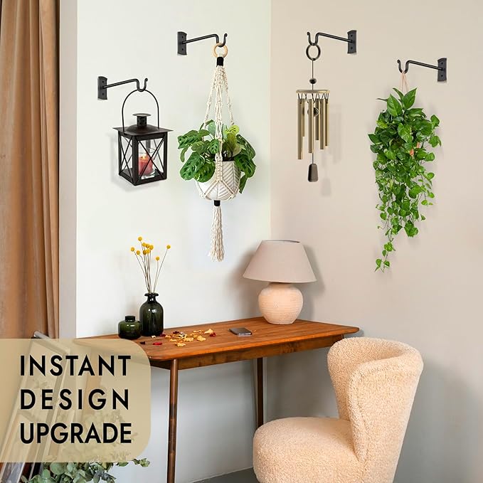 RTZEN Plant Hangers Indoor or Outdoor - Wrought Iron Metal Hanger Indoor Hook - Heavy Duty Wall Bracket Hooks for Hanging Plants Baskets Lanterns Wind Chimes - 2 Pack (Black Shepherds Hooks 7.5")