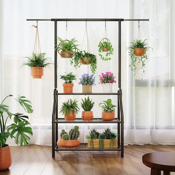 Plant Stand Indoor Outdoor, 3-Tier Heavy Duty Metal Hanging Plant Shelf, 61'' Tall Large Plant Holder Rack for Multiple Big Pots, Flower Stand for Living Room, Garden, Balcony, Black