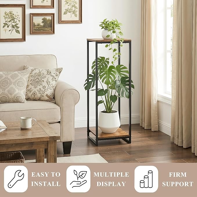 34" Tall Plant Stand Indoor, 2-Tier Modern Plant Shelf, Corner Flower Pot Holder Organizer for Living Room Balcony Patio Garden (Rustic Brown)