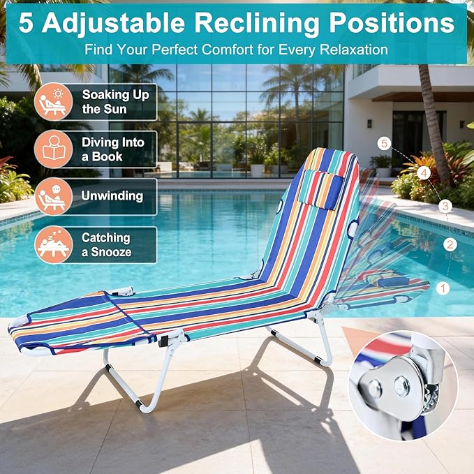 ABORON 2-in-1 Tanning Chair with Face Hole, Folding Camping Cot for Adults, 5-Position Adjustable Lounge Chair with Pillow, Heavy Duty 600D Oxford Portable Cot for Beach, Patio, Poolside