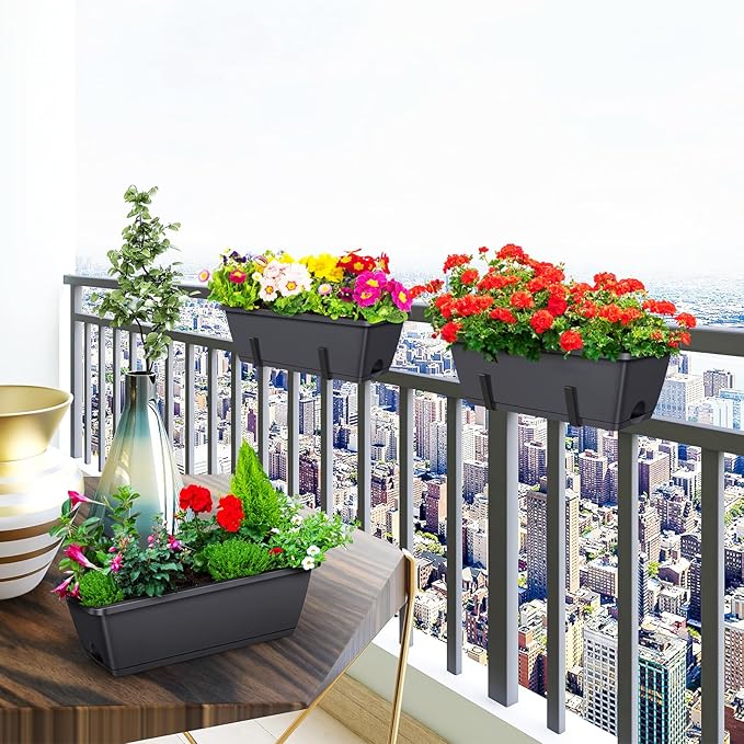 ETELI Deck Railing Planter Boxes 6 Pack Window Box with Brackets Adjustable Balcony Fence Planters Hanging Flower Boxes for Porch Patio Garden Outdoor, Grey & Black
