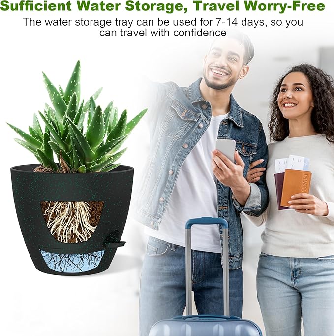 12 Inch Large Self Watering Pots, Flower Pots with Multi-Mesh Drainage Holes and Saucer, Planters for Indoor and Outdoor Garden Plants (Black with Green Speckles)