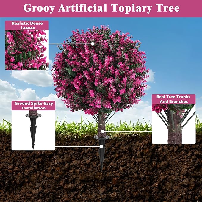 Artificial Topiary Tree with Pink Eucalyptus, Set of 2 Artificial Shrub Bushes with Ground Spike, Fake Evergreen Tree for Porch, Artificial Plants for Outdoor Planters Indoor UV Resist