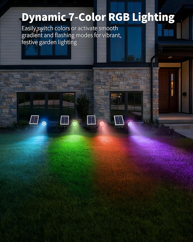 Ofuray Solar Spot Lights Outdoor, RGB Color Changing with 8 Lighting Modes, IP67 Waterproof Landscape Lights 9.8ft Cable, 5200mAh Power Dusk to Dawn Solar Spotlights for Flag, Garden & Outdoor Décor