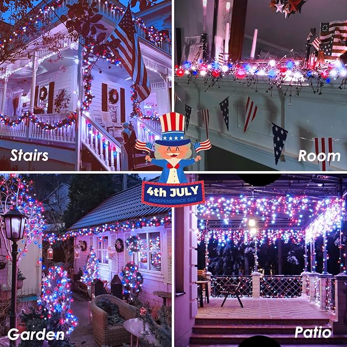 4th of July Decorations Red White and Blue Lights, 200 LED 66FT String Light Plug-in, 8 Modes 4th of July Lights for Indoor Outdoor Independence Day Memorial Day American Flag Patriotic Holiday Decor