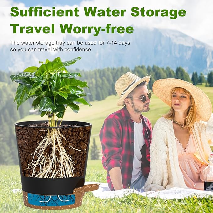 Self Watering Pots, 7/6.5/6/5.5/5/4 inch Flower Pots with Multi Mesh Drainage Holes, Small Platic Planters for Indoor Outdoor Garden Plants and Flowers (Black with Brown Tray, 7"+6.5"+6"+5.5"+5"+4")
