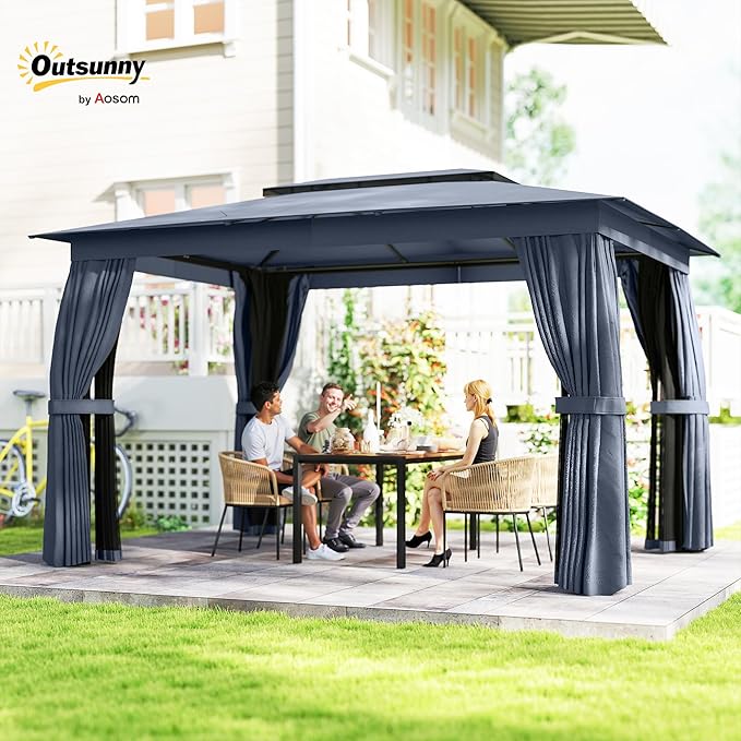 Outsunny 10' x 12' Outdoor Patio Gazebo, Heavy Duty Gazebo Canopy Shelter with Double Roof, Curtains, Netting, Steel Frame, UPF30+ Protection, Ceiling Hooks for Lawn, Backyard, Deck, Blue