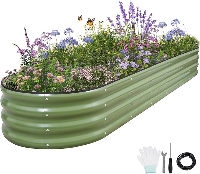 Galvanized Raised Garden Bed - 8x2x1FT Metal Planter Boxes Outdoor | Oval Steel Raised Bed Kit for Gardening with Protective Tape, Bracing Rods, Gloves for Vegetables, Flower, Herb (Green)
