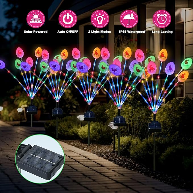 Lmtocs Solar Easter Decorations Outdoor Stake Lights, 2 Packs 16LED Solar Egg Lights for Easter Decor, Waterproof Outdoor Decor for Spring Garden Yard Pathway Lawn