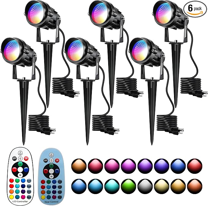 12W RGBW Color Changing Landscape Spotlights, 110V Plug-in Outdoor LED Spot Lights with Remote Control, IP65 Waterproof Garden Tree Lights for Yard Pathway Halloween Christmas Decoration (6 Pack)