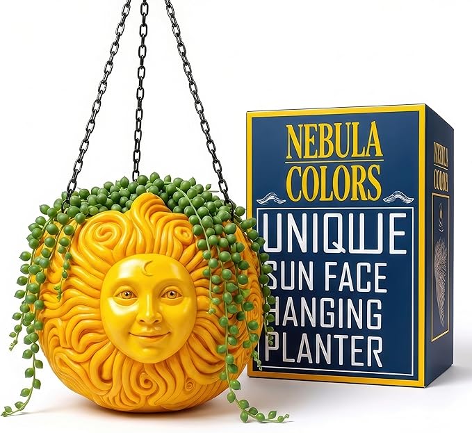 Fun & Unique Sun Face Hanging Planter Quirky Celestial Decor for Plant Lovers – Indoor Outdoor Flower Basket for Succulents & Small Plants – Decorative Garden Yard Art