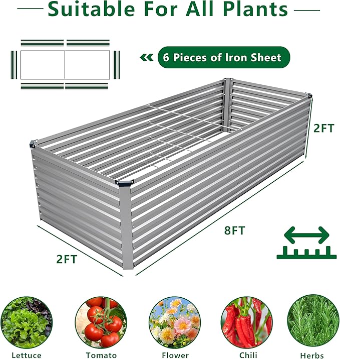 8x2x2FT Galvanized Raised Garden Bed Kit,Vegetable Plant Boxes-Rectangle Metal Flower Box,Large Planter Raised Beds Outdoor Garden for Planting,Fruit,Herb-Silver