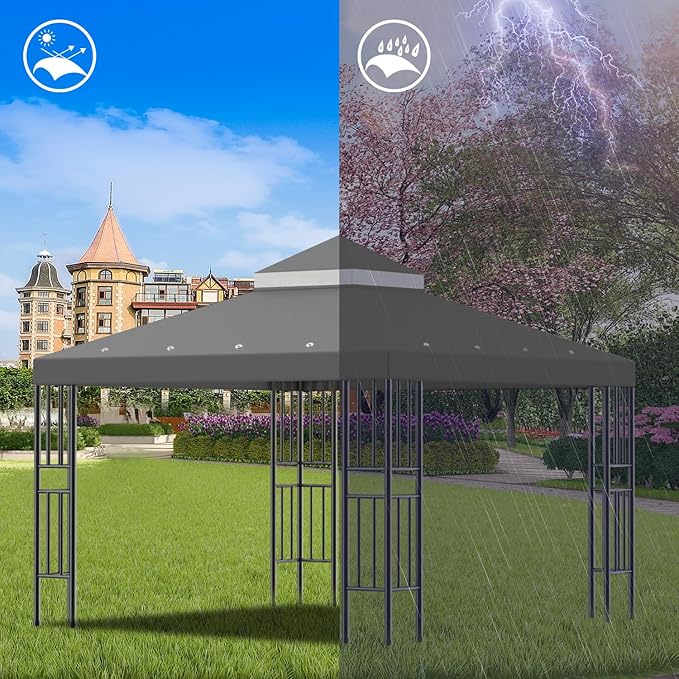 Sumfaller 10x10 FT Gazebo Replacement Canopy Top Cover Double Tiered Canopy Top Cover for Outdoor BBQ Roof Cover Grill Shelter (Grey)