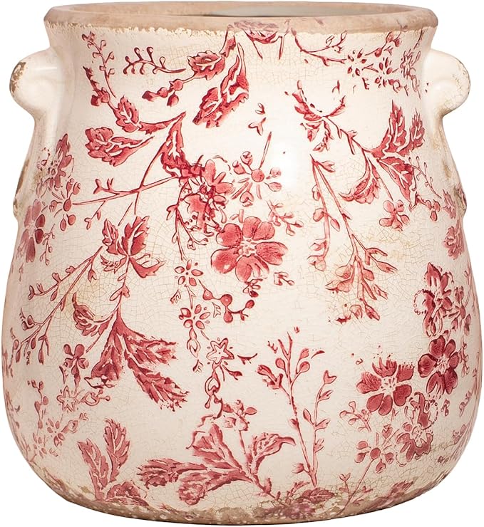 Antique Ceramic Planter & Vase for Home Decor, 6.68 Inch Rustic Farmhouse Flower Pot with Drainage Hole for Indoor Plants, Vintage Decoration for Bookshelf & Tabletop, Unique Gifts for Women (Red)