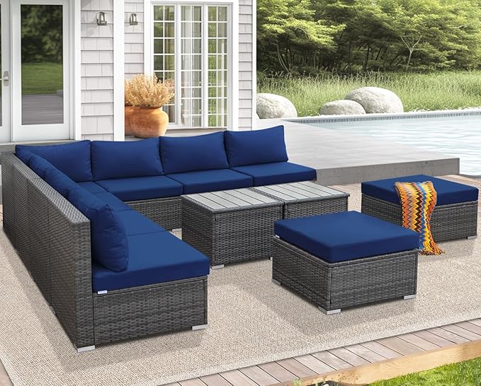 NICESOUL 11 Piece High-End Outdoor Furniture Set, 29.3'' High Back XL Big Size Wicker Patio Sectional, Wide Deep Comfy Conversation Sofas for Garden Deck Backyard Porch, 2 Color Cushion Navy & Grey