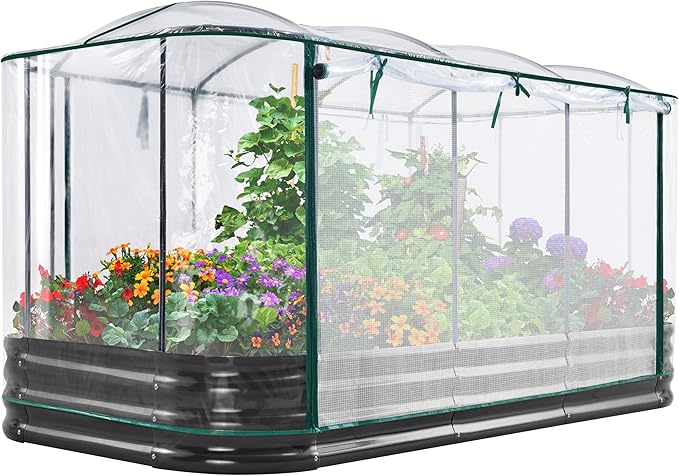KING BIRD Raised Garden Bed with Cover Galvanized Oval Planter Garden Box 94.5x47.2x11.8 in, Clear, Outdoor for Gardening, Vegetables, Flowers