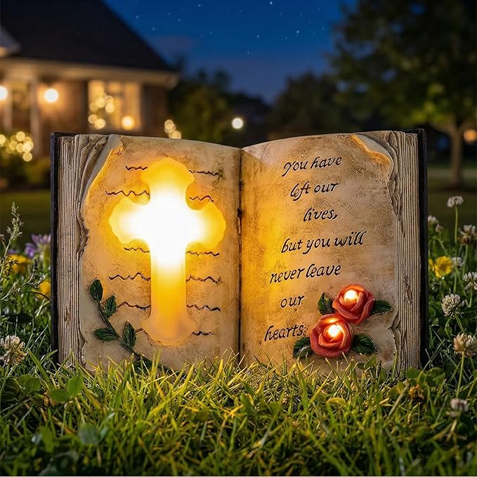 Outdoor Solar Memorial Cross Stakes Lights, Waterproof Book Statue Grave Decorations Sympathy Gifts for Cemetery Garden Lawn Yard Patio Home Decor