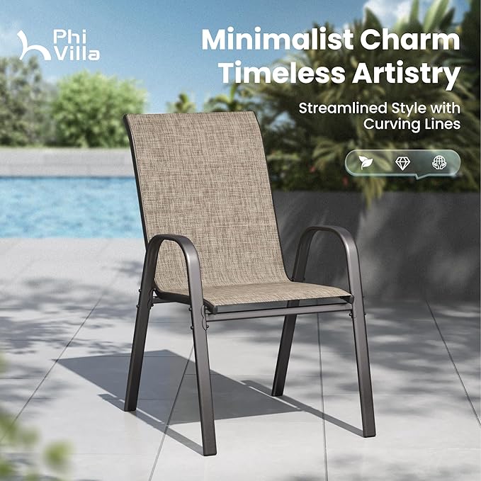 PHI VILLA Patio Chairs Set of 6, Outdoor Stackable Dining Chairs with E-Coating Metal Frame and Upgraded Textilene Fabric, All Weather Deck Chair 350 LBS Capacity for Porch Poolside Garden
