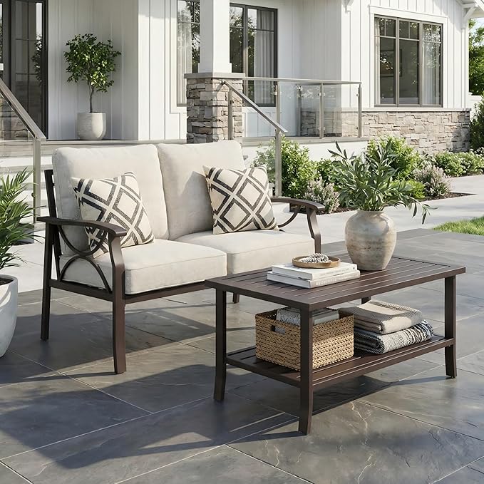 RoyalCraft 2-Pieces Outdoor Patio Furniture Set, Outdoor Metal Sectional Furniture with Cushions, Outdoor Conversation Set with Coffee Table for Backyard, Garden, Balcony, Deck, Beige