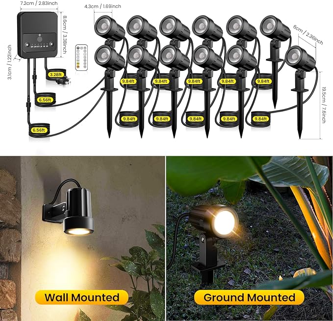 LED Landscape Lighting Kit Landscaping Lights with Remote Control Dimmable IP66 Waterproof 2700-6500K Spot Lights for Outdoor Garden Lawn Patio Yard with US Plug 12 Pack