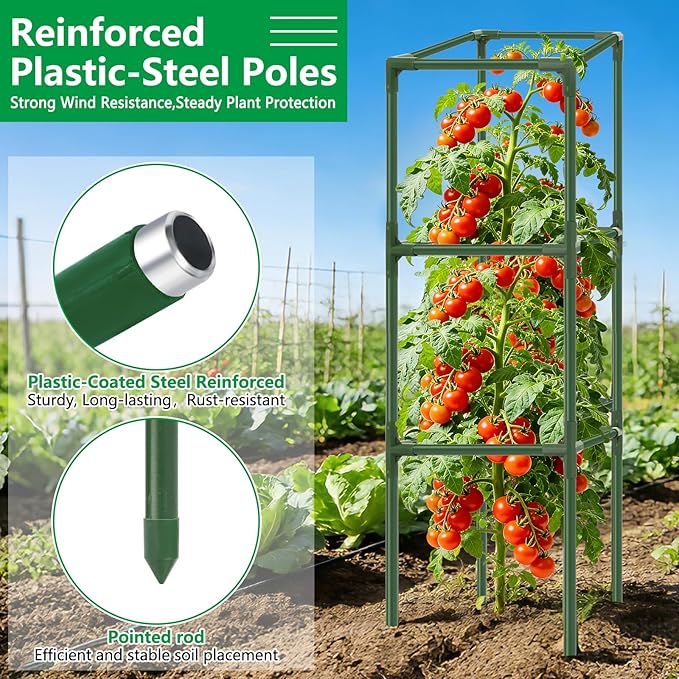 3 Pack Square Tomato Cages, 49'' Tall Heavy Duty Steel Tomato Trellis Kit for Garden, Plant Support Tower Stakes Cucumber Pepper Trellis for Climbing Vegetable Flowers