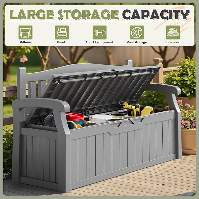 Homall 75 Gallon Outdoor Storage Benches Lockable Deck Box with Waterproof and UV Resistant, Waterproof Storage Box for Patio Furniture, Tools, Cushions (Grey)