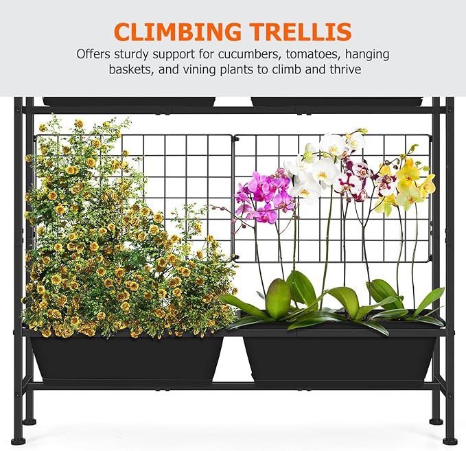 OYEAL Raised Garden Bed 32" Tall Elevated Planter Boxes with Trellis & Legs, Standing Herb Garden Planter Outdoor for Gardening, Vegetables, Flowers, Herbs, Backyard, Black
