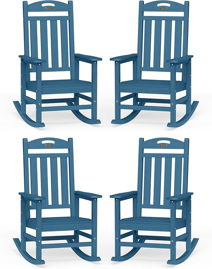 Oversized Outdoor Rocking Chairs Set of 4, High Back Porch Rocking Chair, HDPE All Weather Resistant Patio Chairs, 380lbs Weight Capacity, Navy Blue