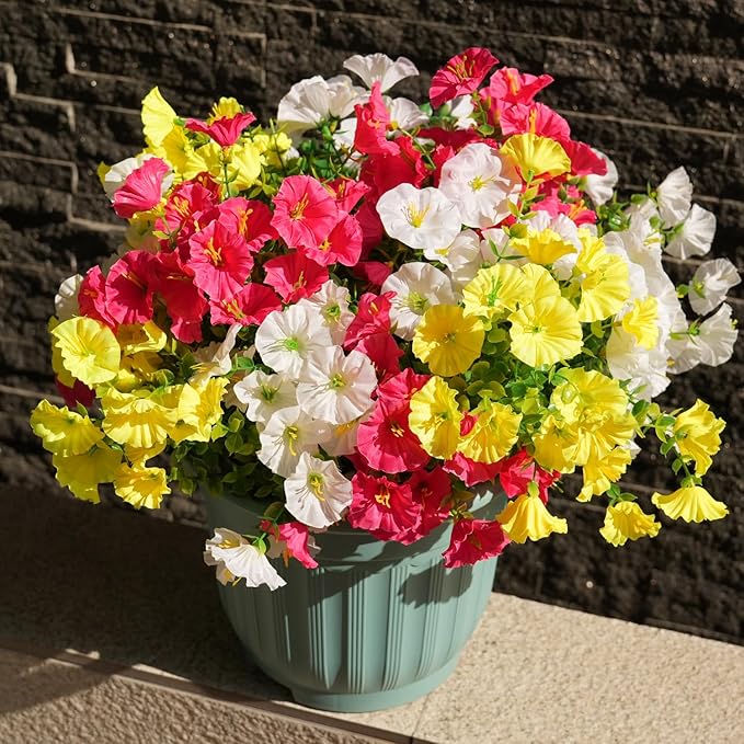 Artificial Flowers for Outdoors, UV Resistant Fake Silk Morning Glory, Realistic Faux Plants for Outside Porch Patio Window Box Hanging Planter (16, Yellow)