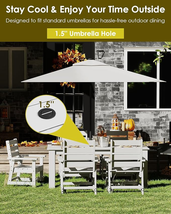 GREENVINES Outdoor Dining Table | 67’’ | HDPE | Rectangle Tables for 6 | All-Weather | Umbrella Hole | Patio Furniture | for Poolside Backyard Garden | White